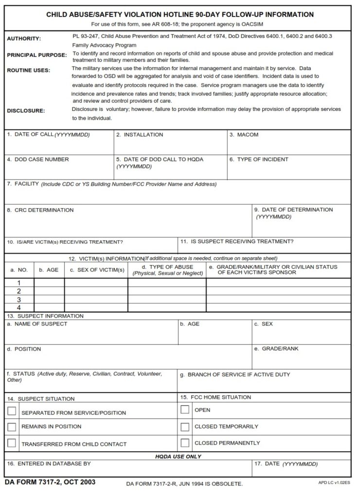 DA FORM 7317-2 - Child Abuse-Safety Violation Hotline 90-Day Follow-Up Information