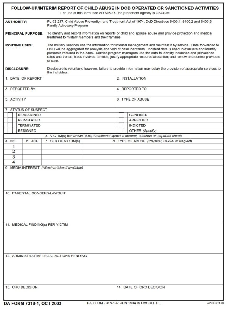 DA FORM 7318-1 - Follow-Up-Interim Report Of Child Abuse In Dod Operated Or Sanctioned Activities