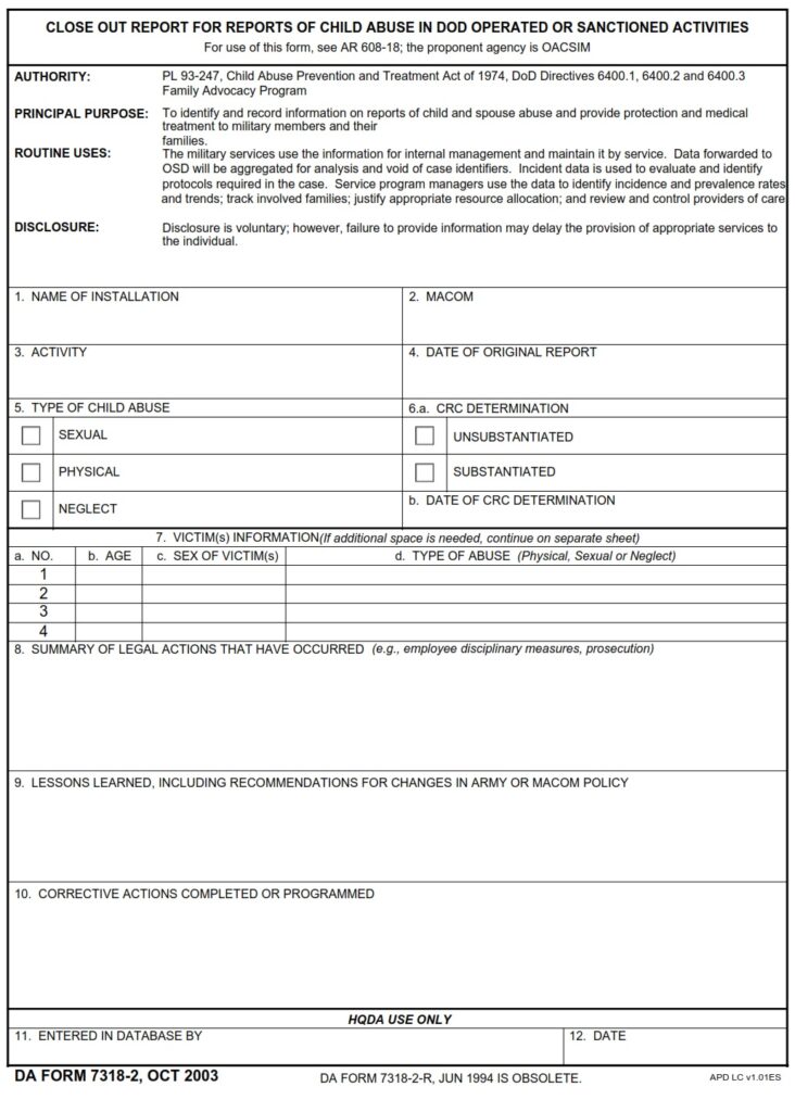 DA FORM 7318-2 - Close Out Report For Reports Of Child Abuse In Dod Operated Or Sanctioned Activities