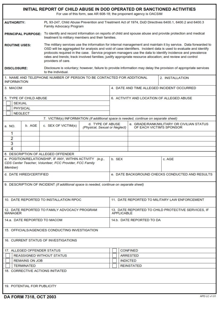 DA FORM 7318 - Initial Report Of Child Abuse In Dod Operated Or Sanctioned Activities