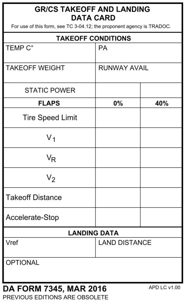 DA FORM 7345 - GR-CS Takeoff And Landing Data Card - Page 1