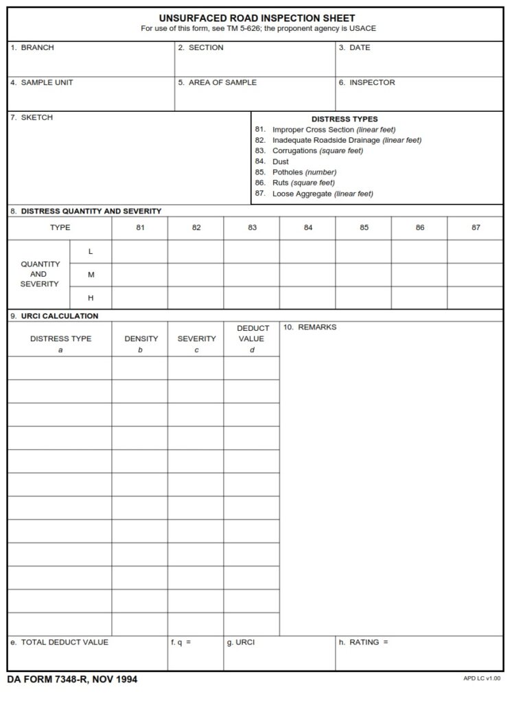 DA FORM 7348-R - Unsurfaced Road Inspection Sheet (LRA)