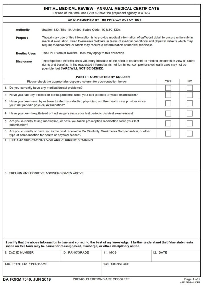 DA FORM 7349 - Initial Medical Review - Annual Medical Certificate - Page 1