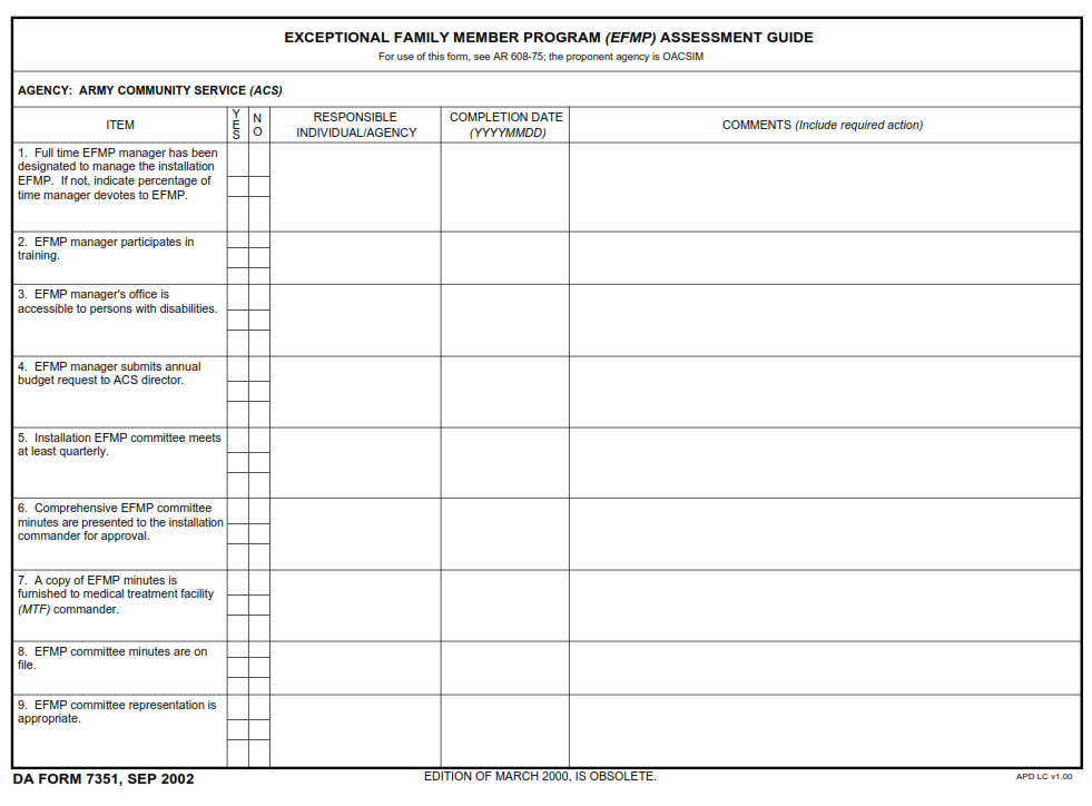 DA FORM 7351 - Exceptional Family Member Program (EFMP) Assessment Guide - Page 1