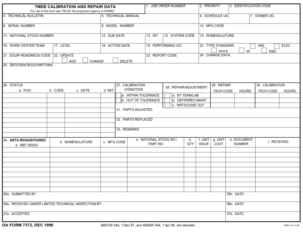 DA FORM 7372 - Tmde Calibration And Repair Data