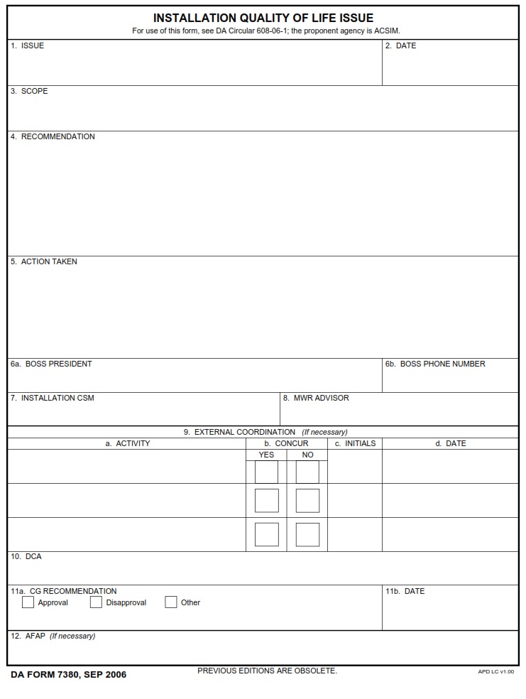 DA FORM 7380 - Installation Quality Of Life Issue