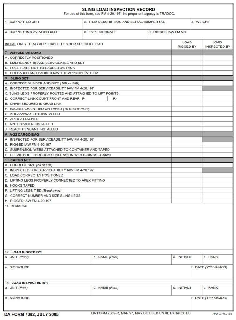 DA FORM 7382 - Sling Load Inspection Record