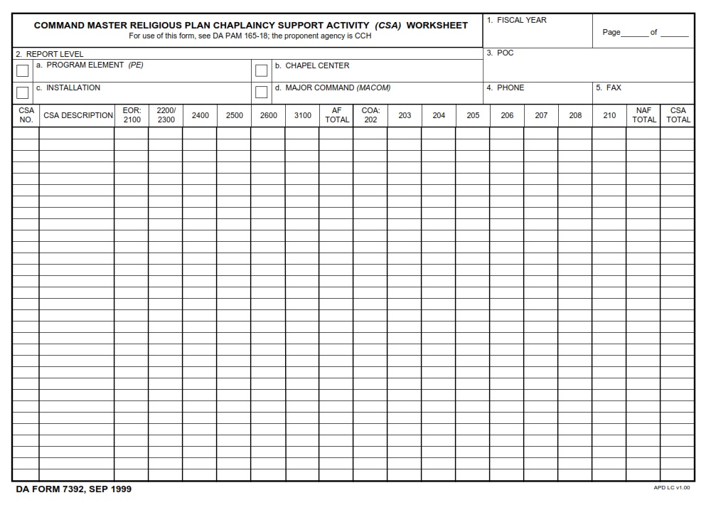 DA FORM 7392 - Command Master Religious Plan Chaplaincy Support Activity (CSA) Worksheet