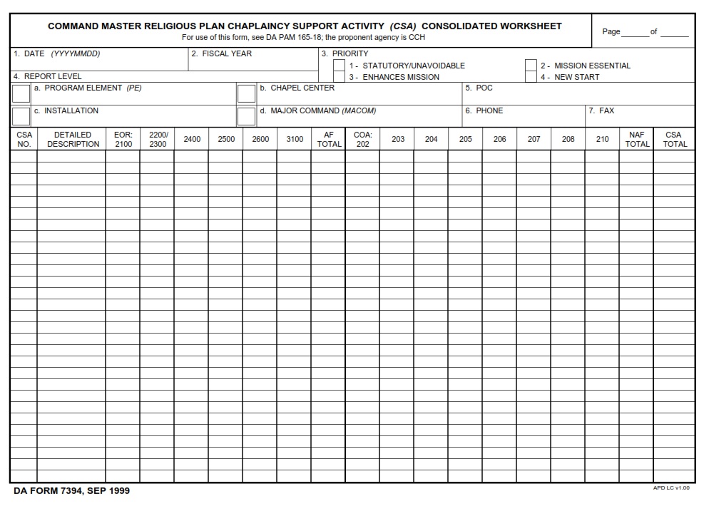 DA FORM 7394 - Command Master Religious Plan Chaplaincy Support Activity (CSA) Consolidated Worksheet