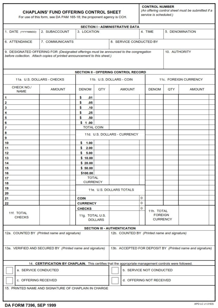 DA FORM 7396 - Chaplains` Fund Offering Control Sheet