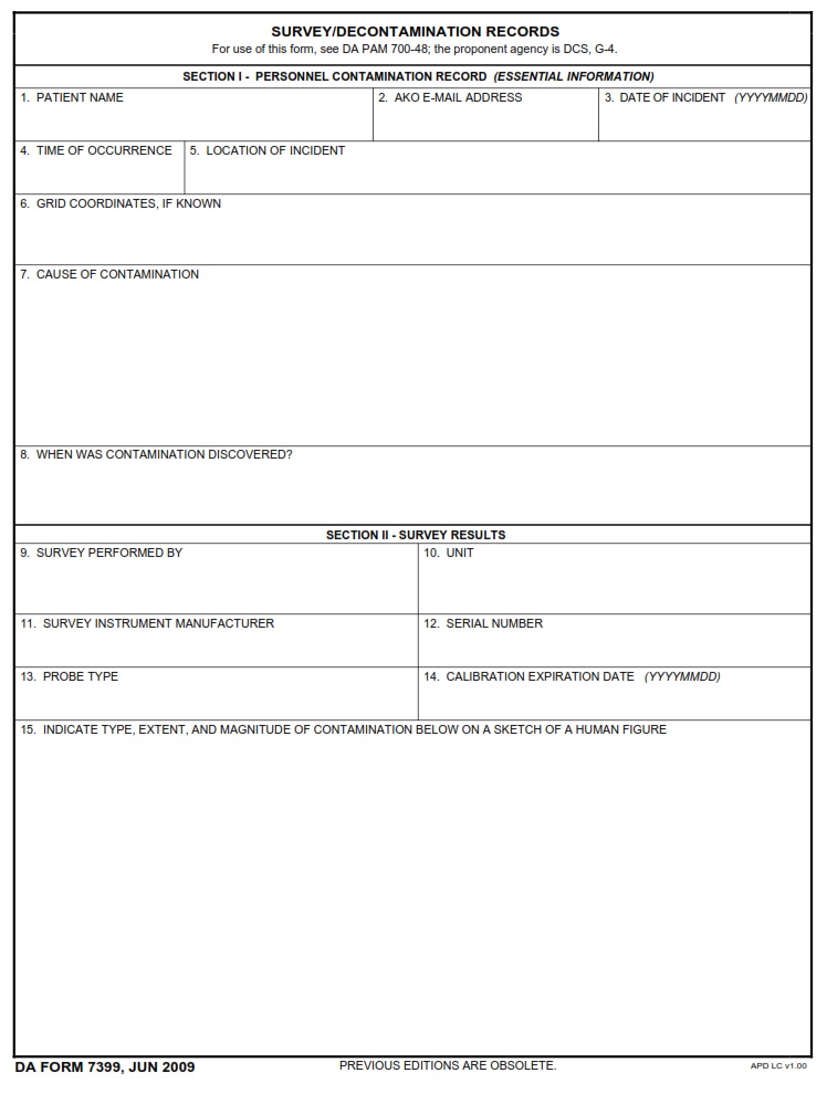 DA FORM 7399 - Survey-Decontamination Records