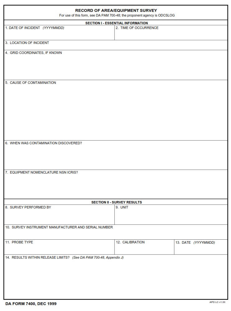 DA FORM 7400 - Record Of Area-Equipment Survey