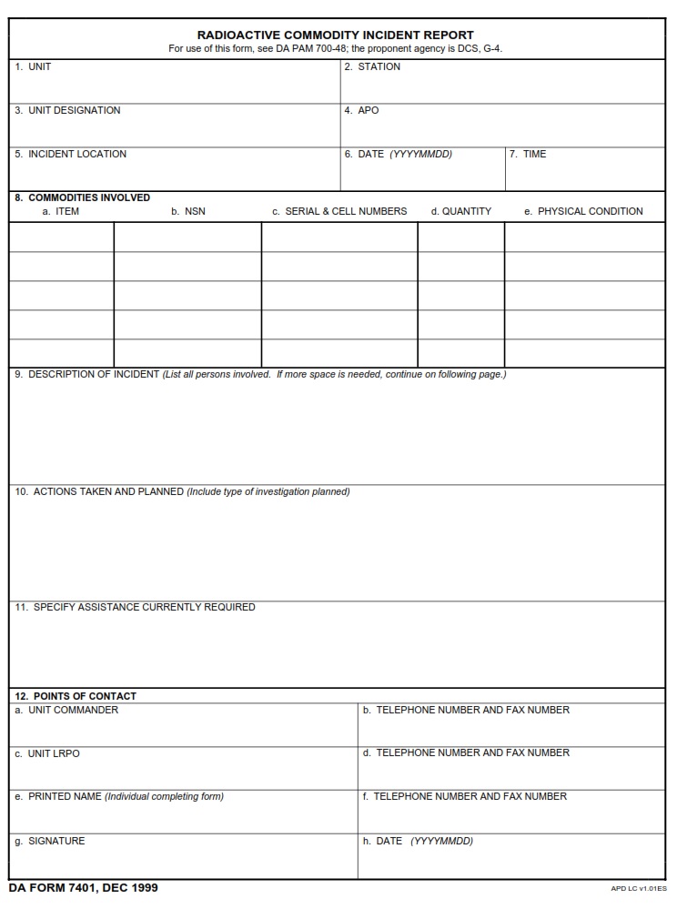 DA FORM 7401 - Radioactive Commodity Incident Report