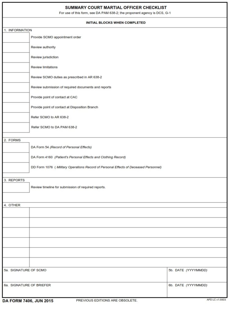 DA FORM 7406 - Summary Court Martial Officer Checklist