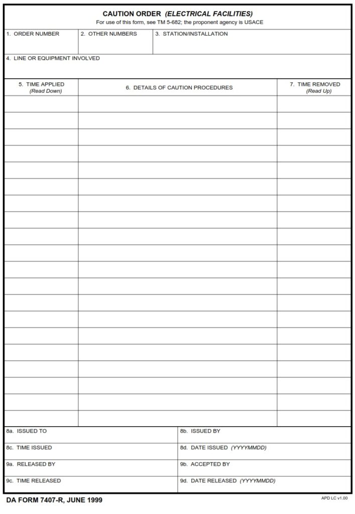 DA FORM 7407-R - Caution Order (Electrical Facilities) (LRA)