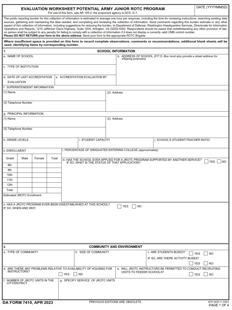 DA FORM 7410 - Evaluation Worksheet Potential Army Junior ROTC Program - Page 1