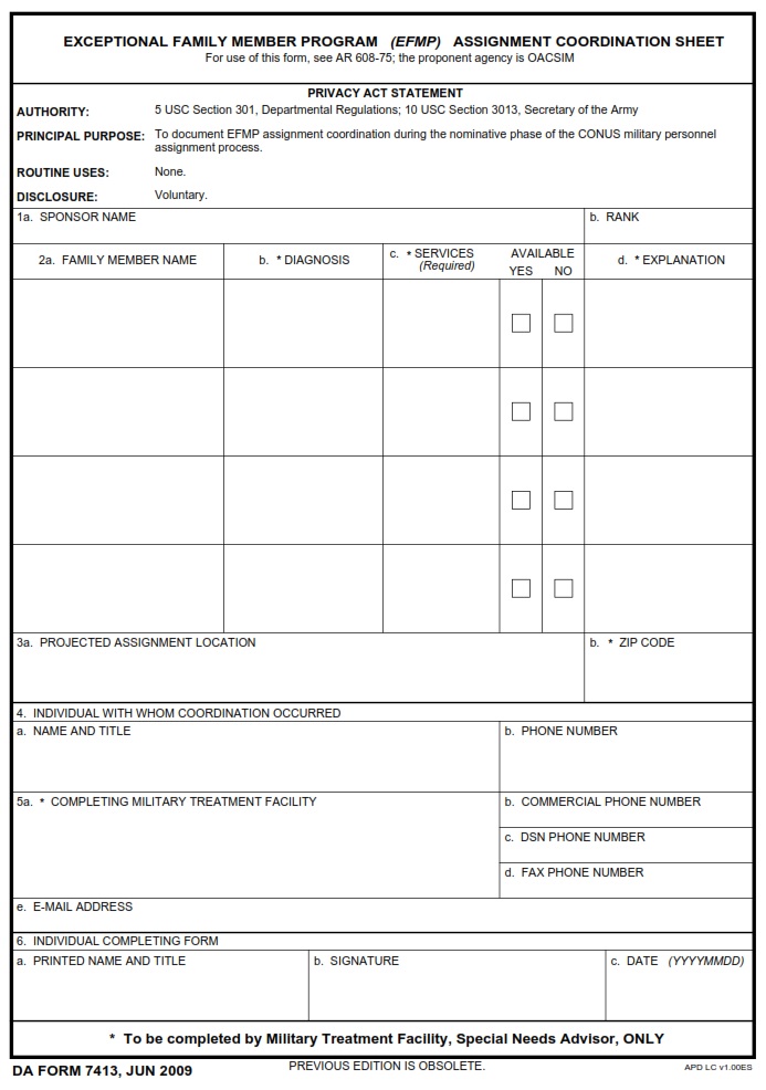 DA FORM 7413 - Exceptional Family Member Program (EFMP) Assignment Coordination Sheet