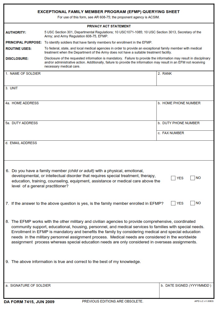 DA FORM 7415 - Exceptional Family Member Program (EFMP) Querying Sheet