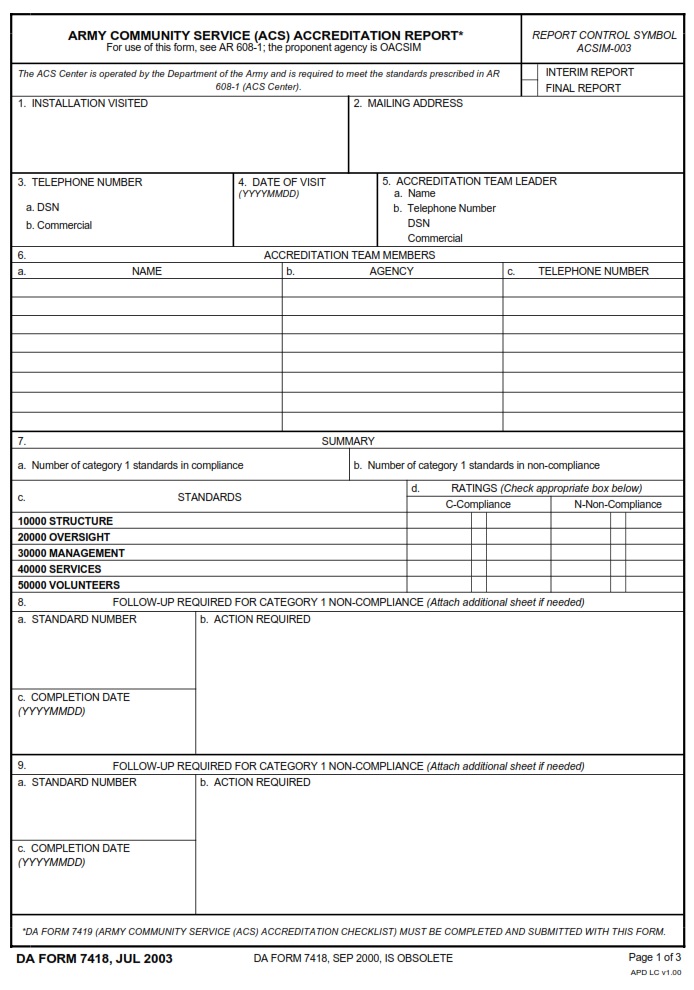 DA FORM 7418 - Army Community Service Accreditation Report - Page 1