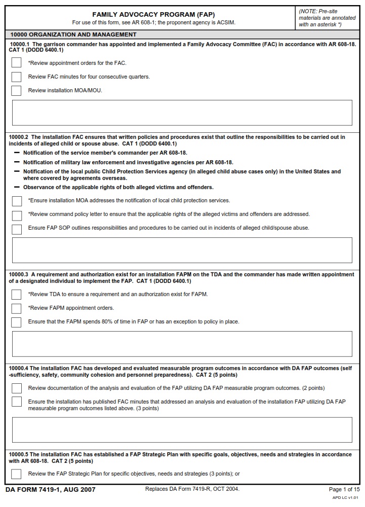 DA FORM 7419-1 - Family Advocacy Program (FAP) - Page 1