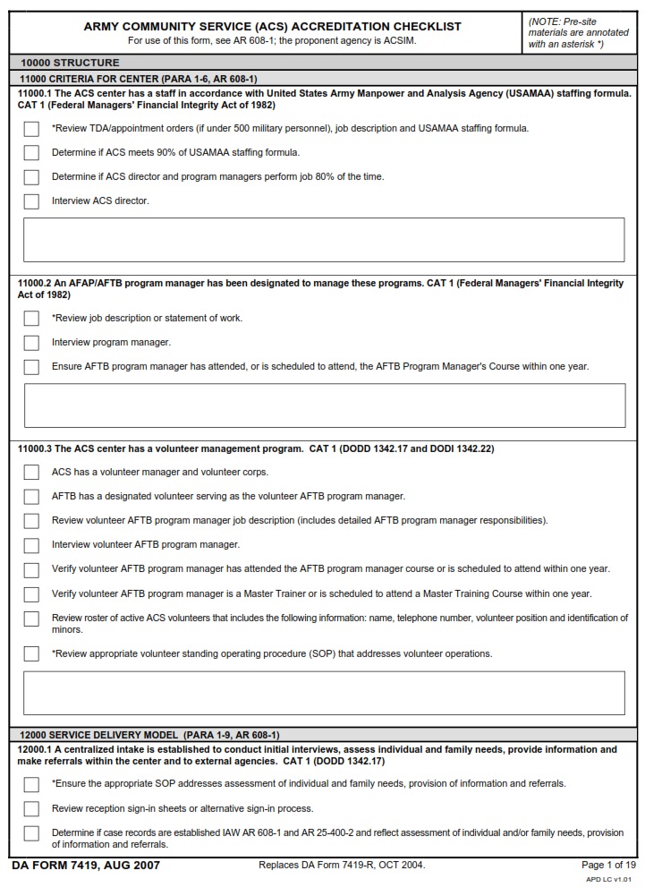 DA FORM 7419 - Army Community Service (ACS) Accreditation Checklist - Page 1