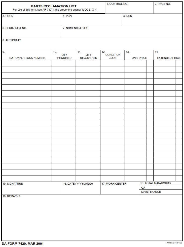 DA FORM 7420 - Parts Reclamation List