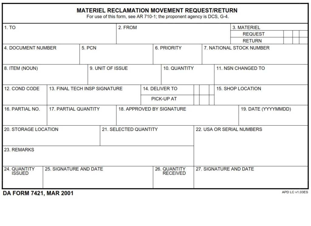 DA FORM 7421 - Material Reclamation Movement Request-Return