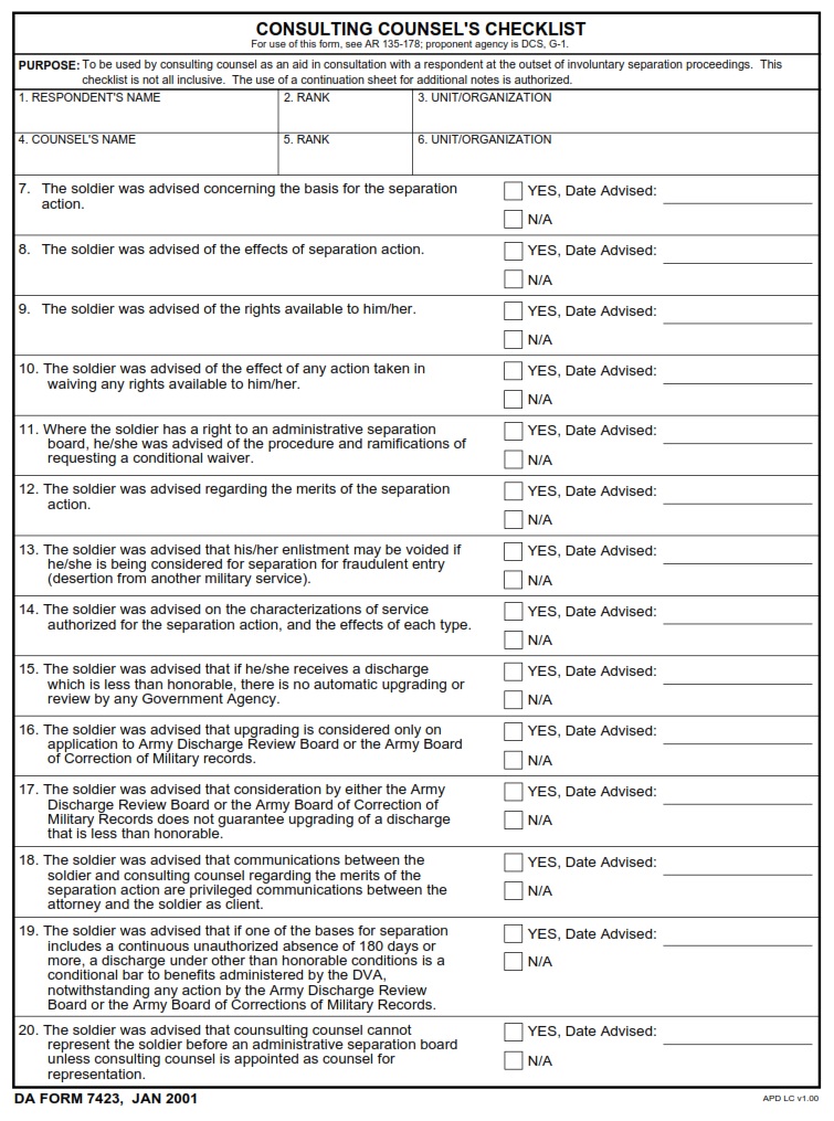 DA FORM 7423 - Consulting Counsel`s Checklist