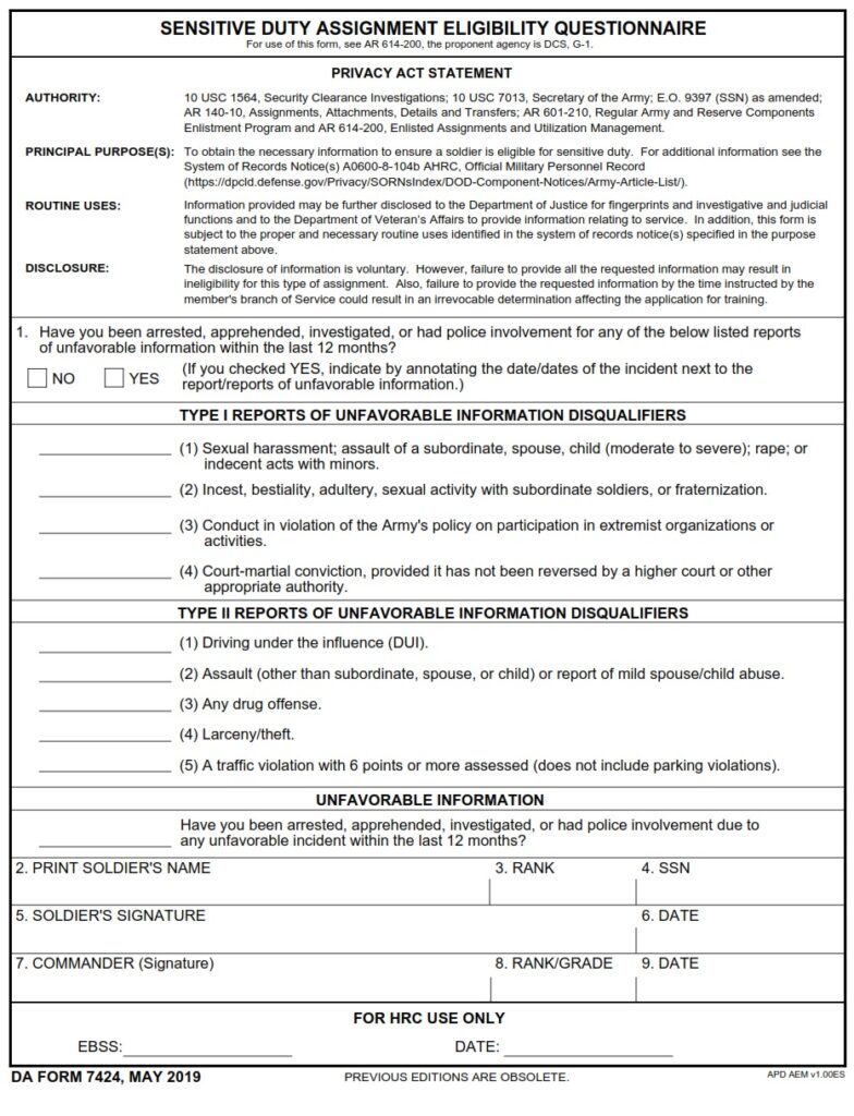 DA FORM 7424 - Sensitive Duty Assignment Eligibility Questionnaire