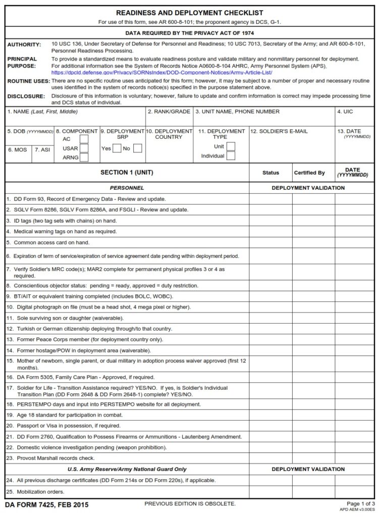 DA FORM 7425 - Readiness And Deployment Checklist - Page 1