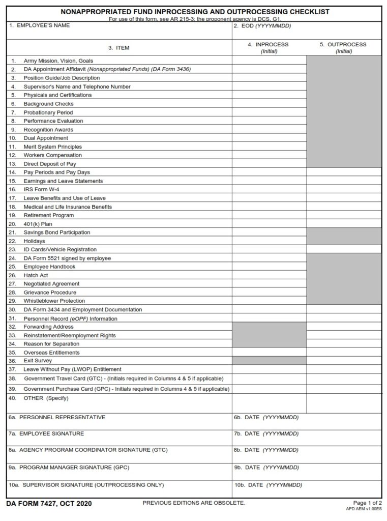 DA FORM 7427 - Nonappropriated Fund Inprocessing And Outprocessing Checklist