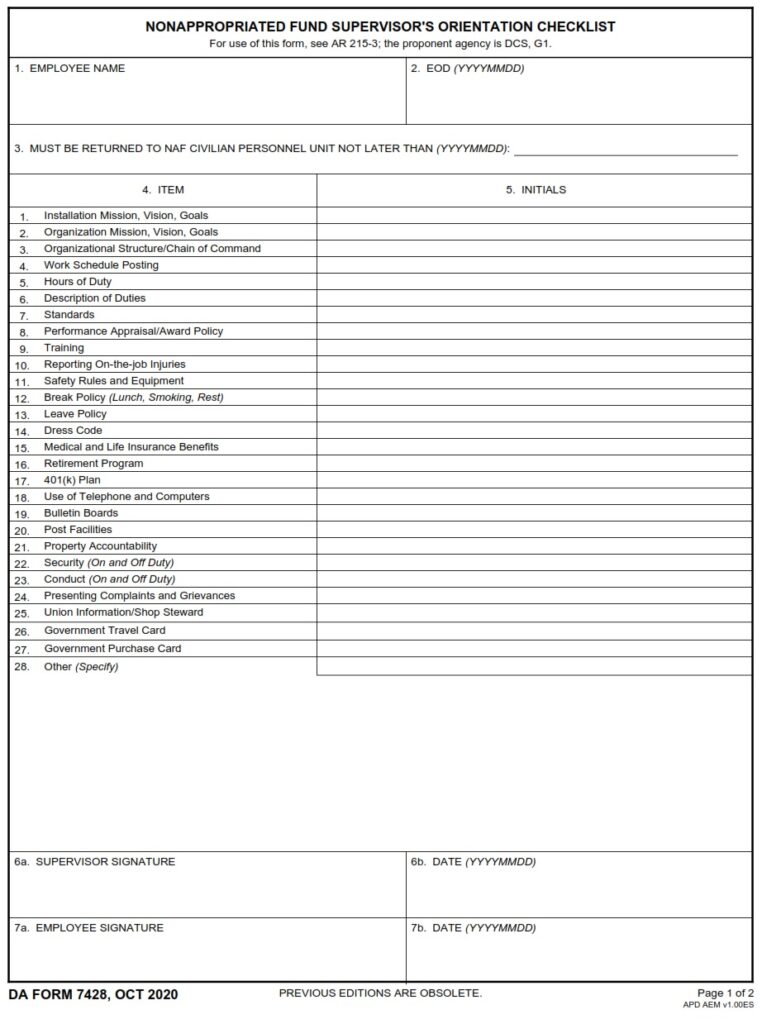 DA FORM 7428 - Nonappropriated Fund Supervisor's Orientation Checklist