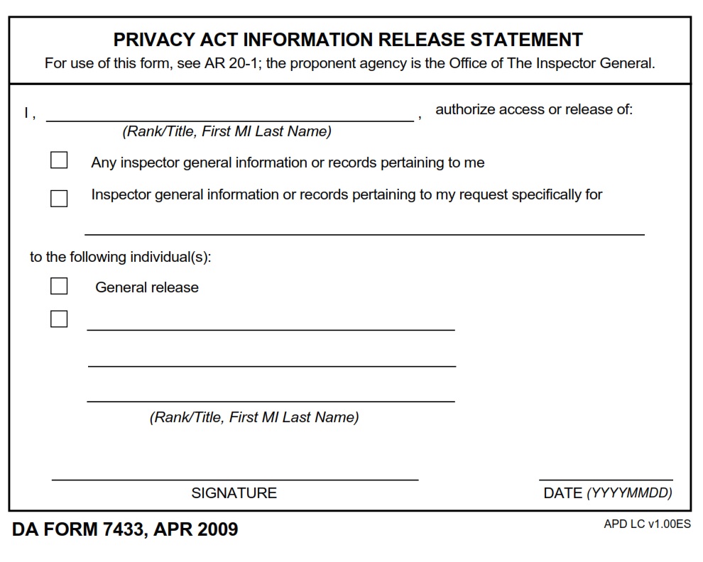 DA FORM 7433 - Privacy Act Information Release Statement