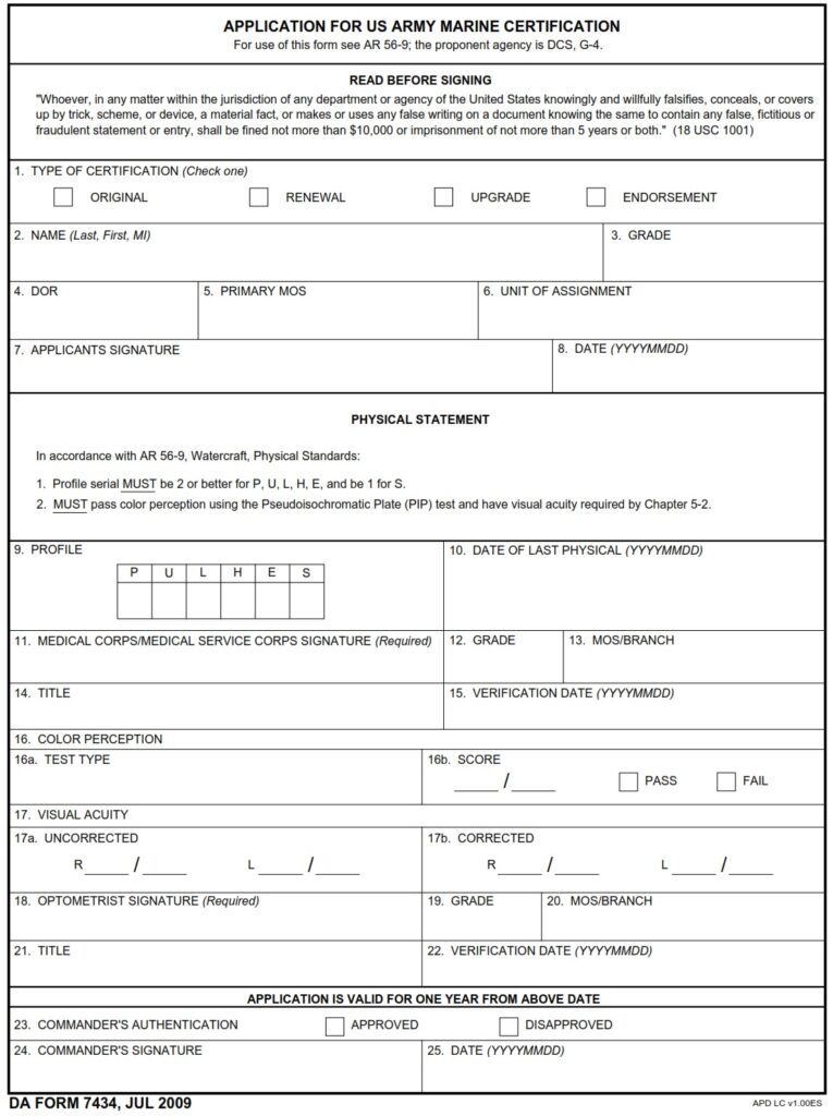 DA FORM 7434 - Application For Us Army Marine Certification Installations