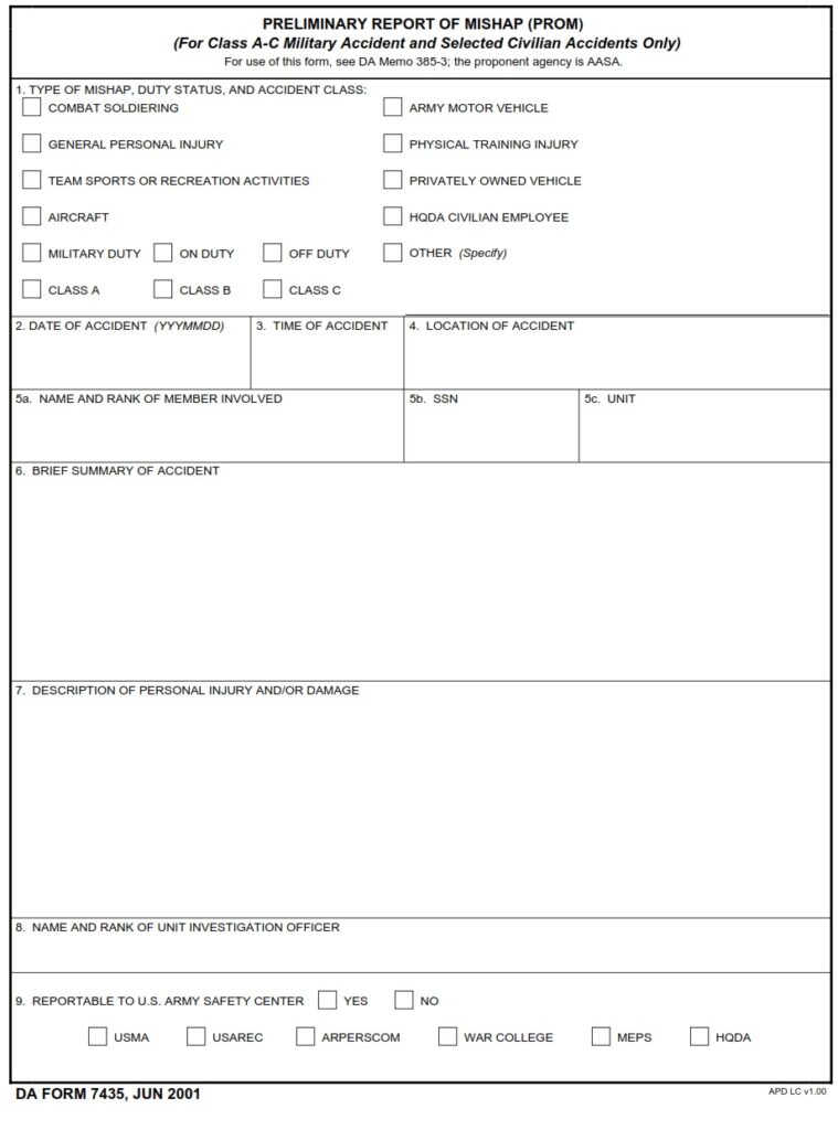 DA FORM 7435 - Preliminary Report Of Mishap (PROM) Installations