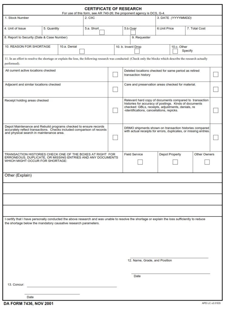 DA FORM 7436 - Certificate Of Research