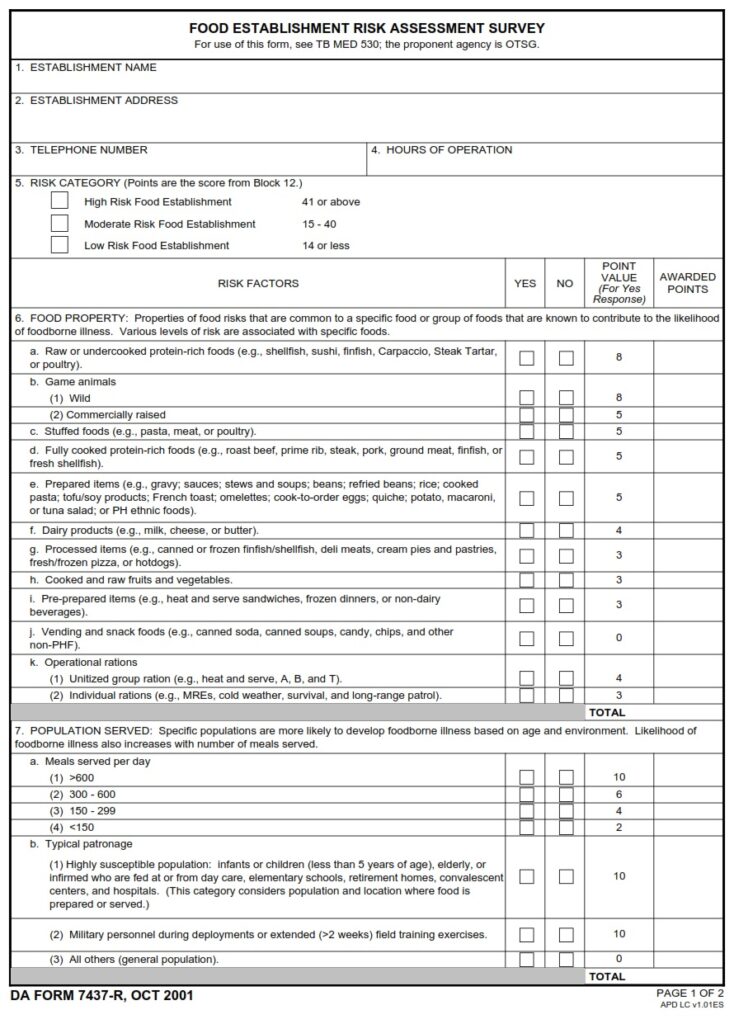 DA FORM 7437-R - Food Establishment Risk Assessment Survey (LRA)