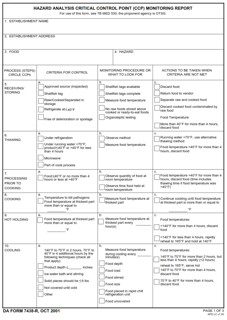 DA FORM 7438-R - Hazard Analysis Critical Control Point (CCP) Monitoring Report (LRA) - Page 1