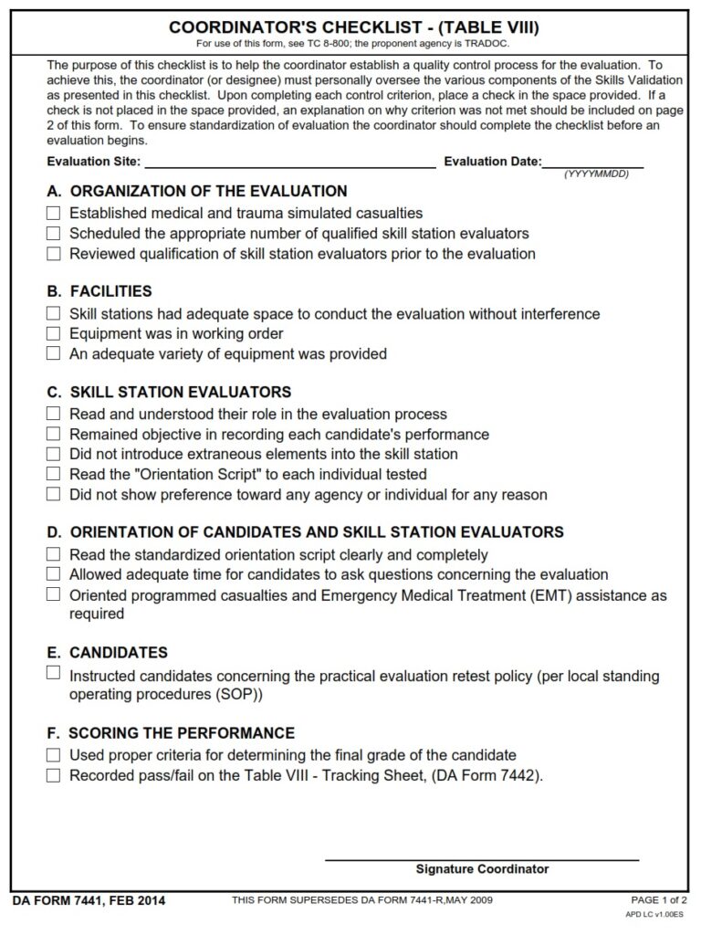 DA FORM 7441 - Coordinator`s Checklist - (Table VIII)