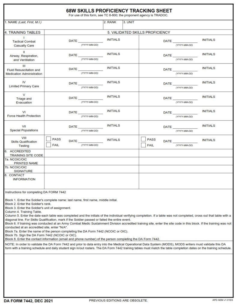 DA FORM 7442 - 68W Skills Proficiency Tracking Sheet