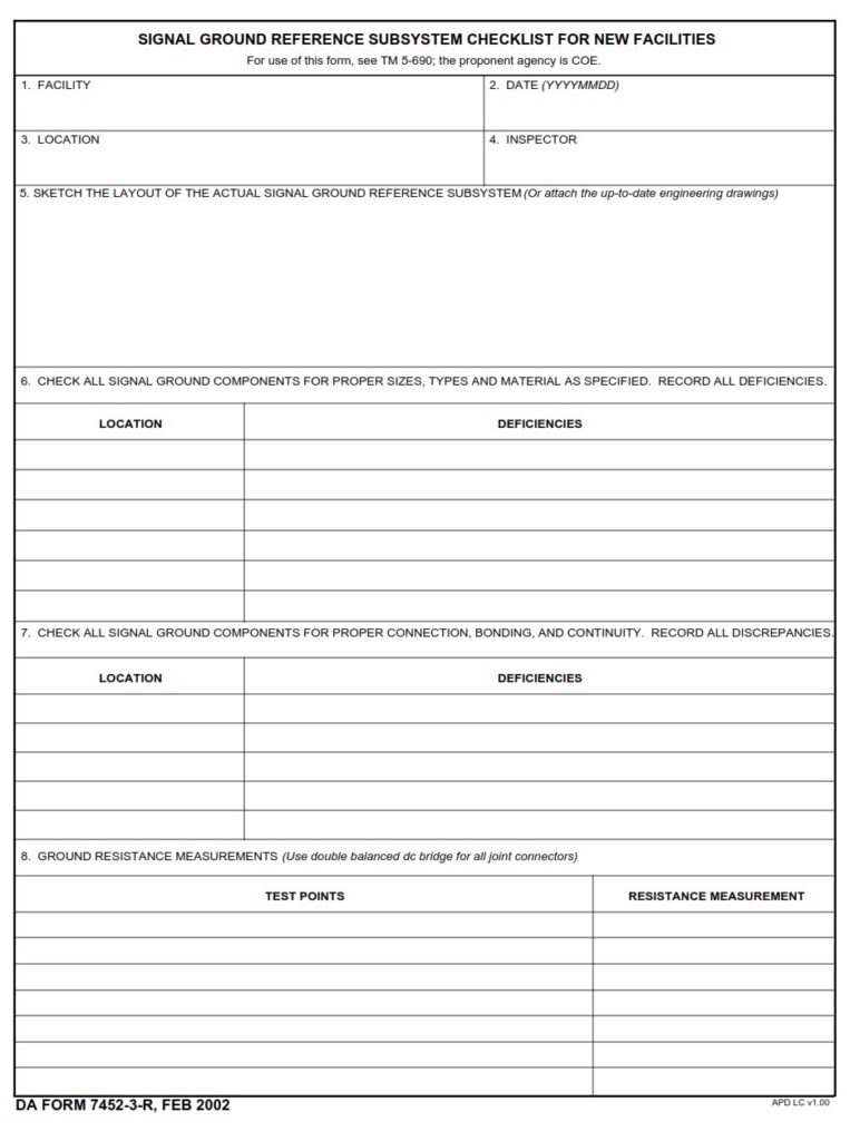 DA FORM 7452-3-R - Signal Ground Reference Subsystem Checklist For New Facilities (LRA)