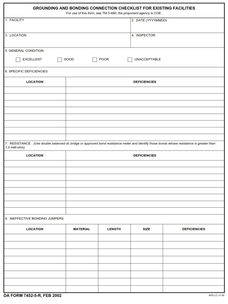 DA FORM 7452-5-R - Grounding And Bonding Connection Checklist For Existing Facilities (LRA)
