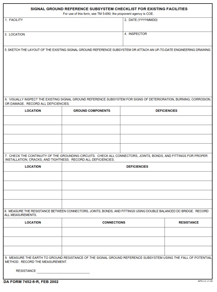 DA FORM 7452-8-R - Signal Ground Reference Subsystem Checklist For Existing Facilities (LRA)