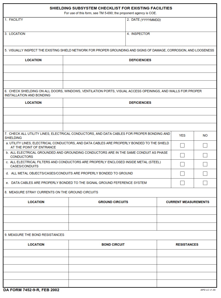 DA FORM 7452-9-R - Shielding Subsystem Checklist For Existing Facilities (LRA)