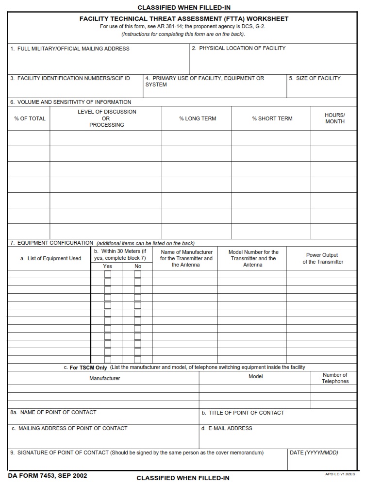 DA FORM 7453 - Facility Technical Threat Assessment (FTTA) Worksheet