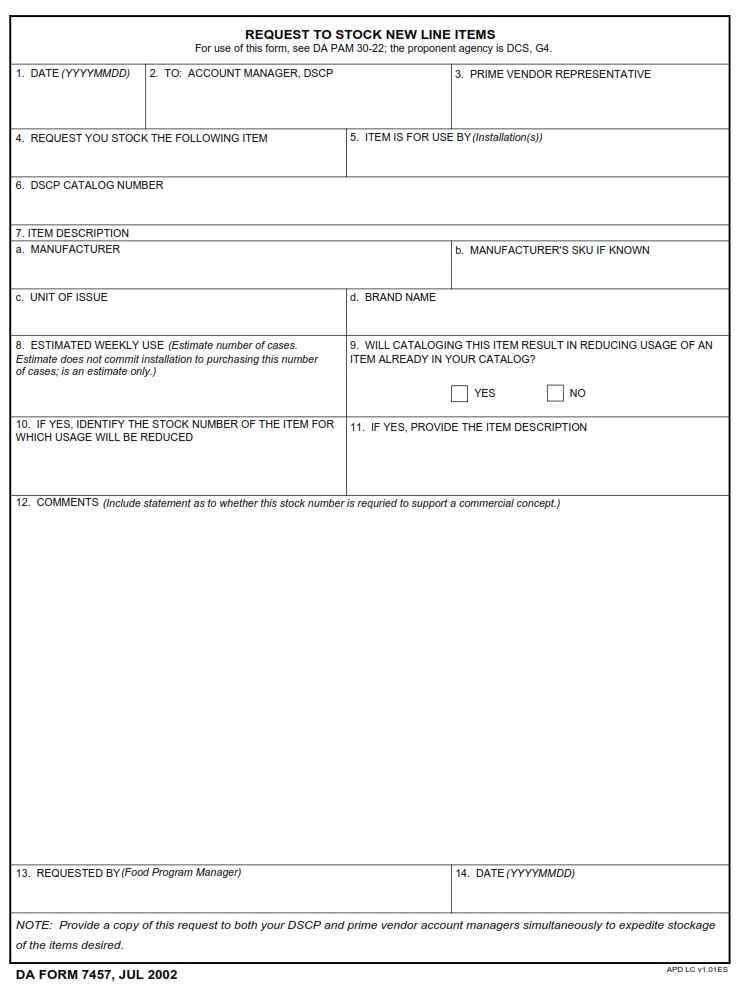 DA FORM 7457 - Request To Stock New Line Items