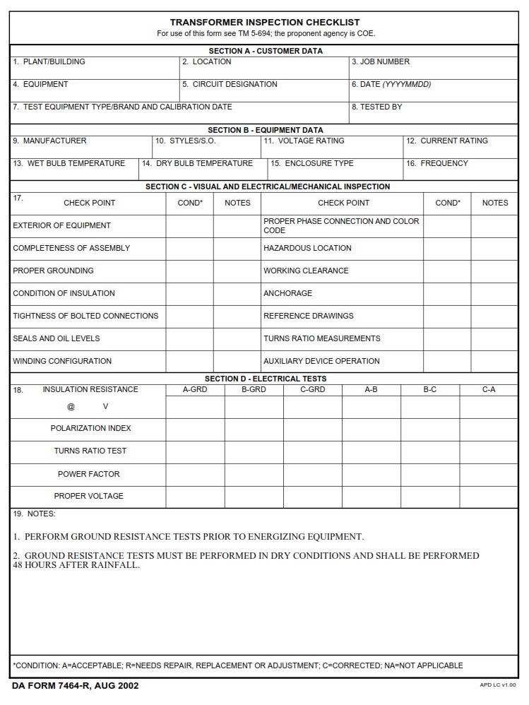 DA FORM 7464-R - Transformer Inspection Checklist (LRA)