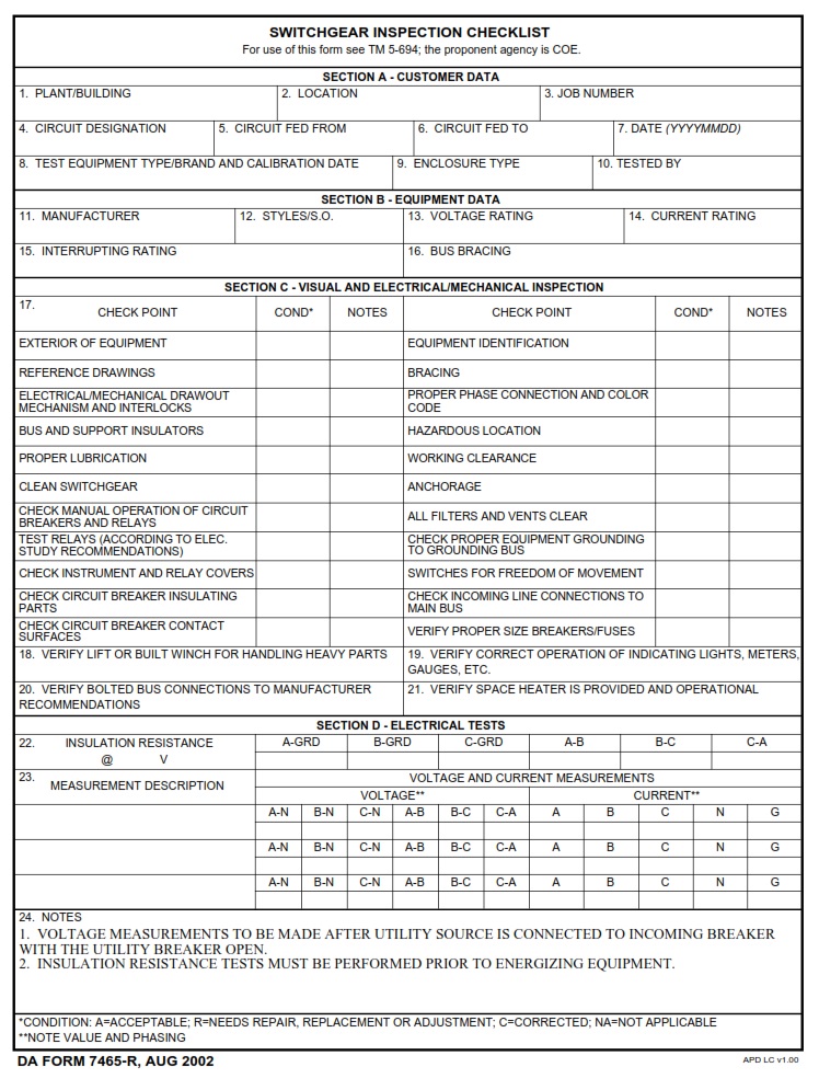 DA FORM 7465-R - Switchgear Inspection Checklist (LRA)