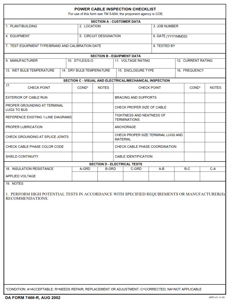 DA FORM 7466-R - Power Cable Inspection Checklist (LRA)