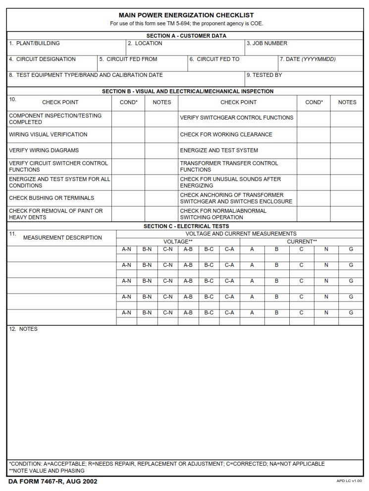 DA FORM 7467-R - Main Power Energization Checklist (LRA)